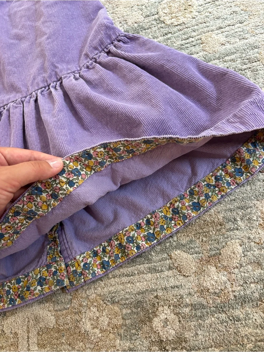 Mini Boden Girls Purple Corduroy Pinafore Jumper Dress Floral Trim Size 5-6Y